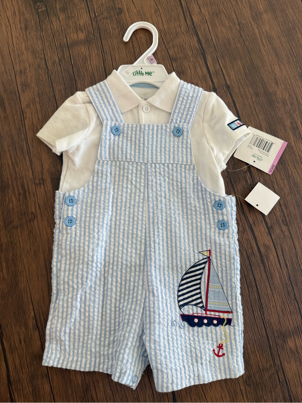 Little Me Light Blue & White Striped Sailboat Shortalls